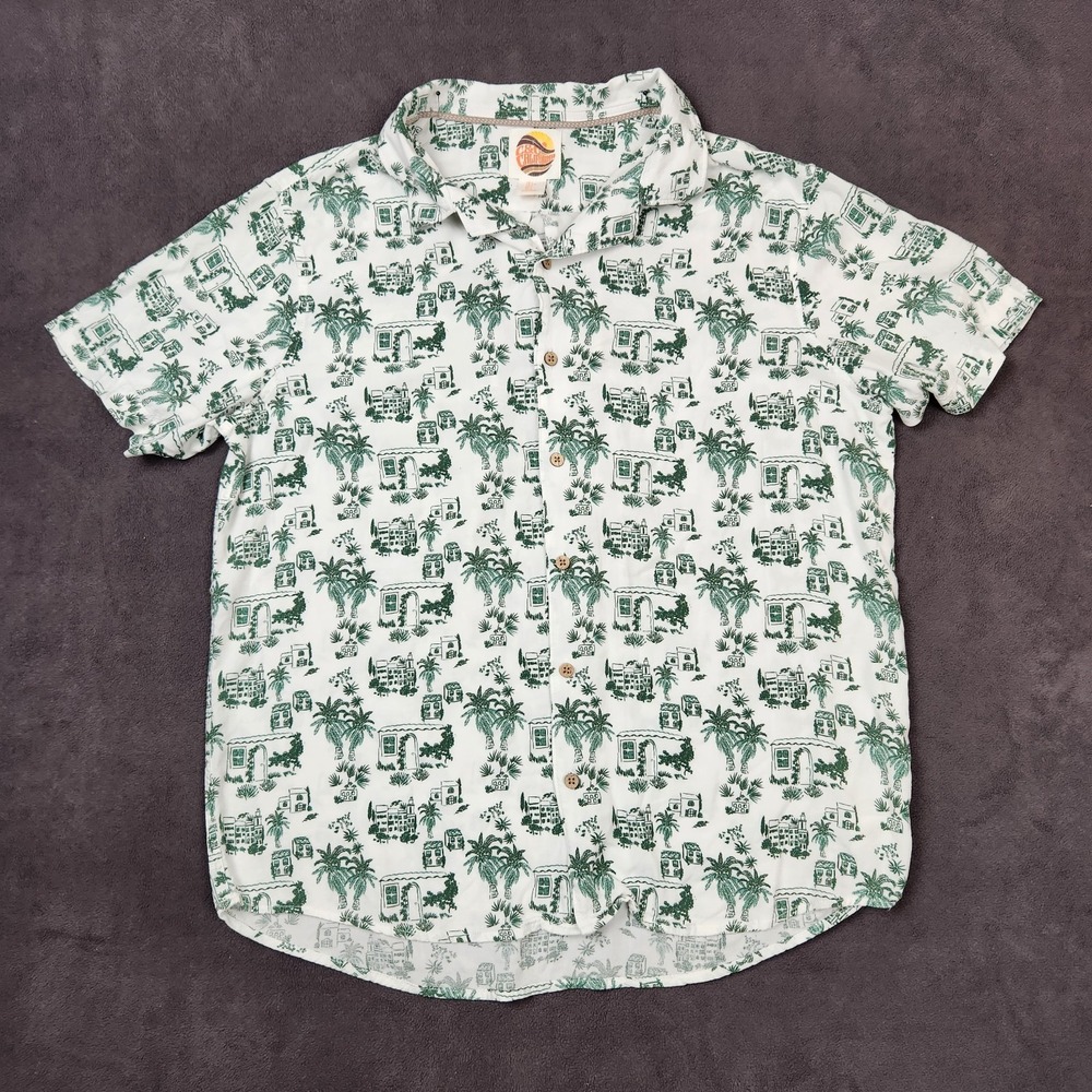C&C California Button Front Shirt Mens Large White Green Tropical Village Print